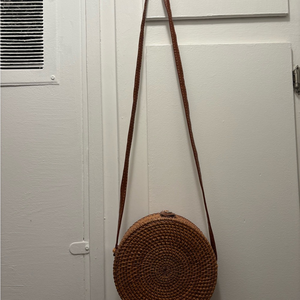 Brown Woven Round Crossbody Bag